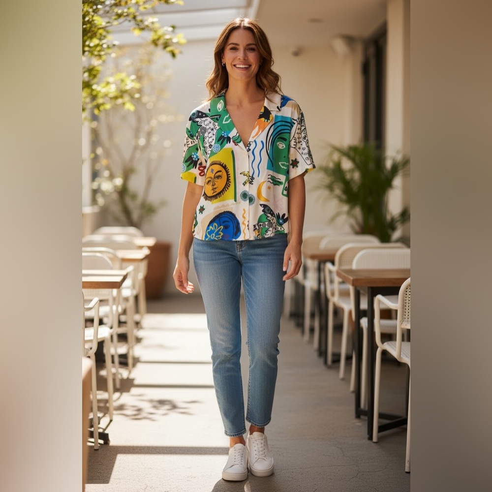 Joie Bohemian Boho Sun Graphic Printed Collared Silky Shirt Top Size Medium NWOT